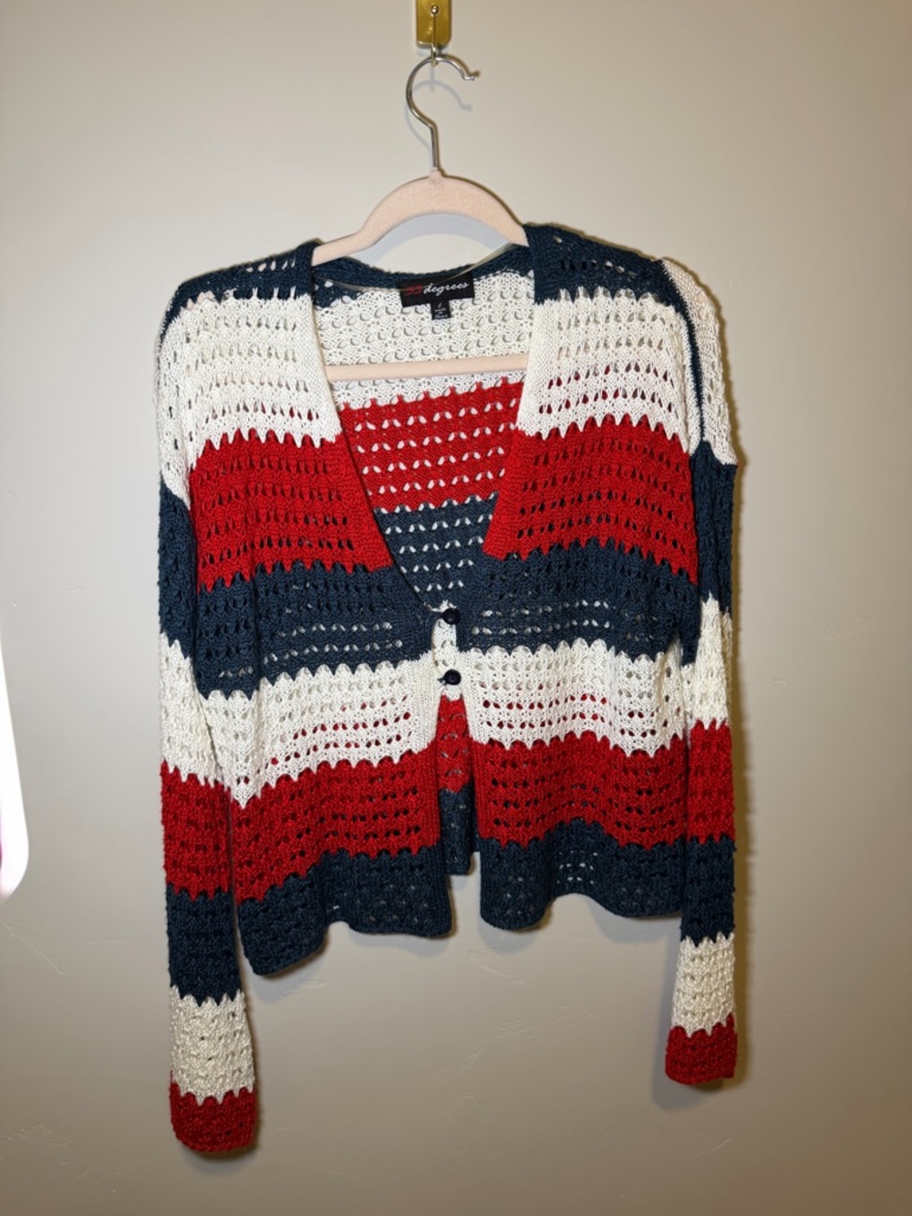 Crochet Stripe Button-Front Cardigan Sweater - Navy, Red, White